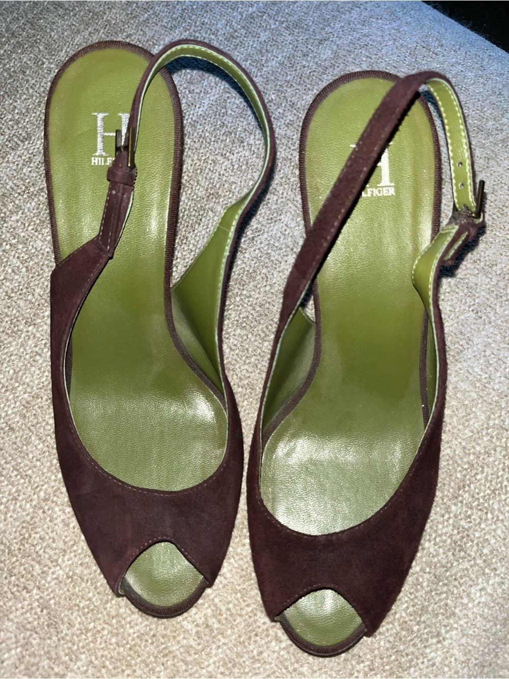 Tommy Hilfiger Brown Suede Peep-Toe Slingback Heels with Olive Insole